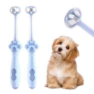 Imagem de Gluckelk Pacote com 2 escovas de dentes para cães com 3 lados, escovas de dentes para filhotes com tecnologia exclusiva de cerdas, higiene bucal para animais de estimação, para cães médios e pequenos