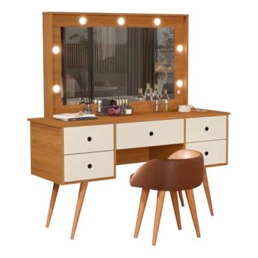 Imagem de Penteadeira Bancada Maquiagem 100% MDF com LED Estilo Camarim Banqueta Banquinho Puff Corino Pé Madeira (Nature com Off White)