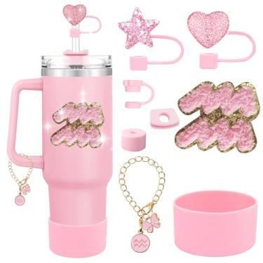 Imagem de RQYDYZMJ Conjunto de acessórios de copo de 8 peças, com uma corrente e pingente de constelação, adesivo de constelação e tampa de palha para copos Stanley de 850 g ou 1,134 g (rosa - Aquário)