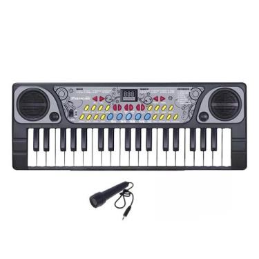 Imagem de Piano Teclado Infantil Microfone Preto Pilhas Cantar Musical - DM Toys