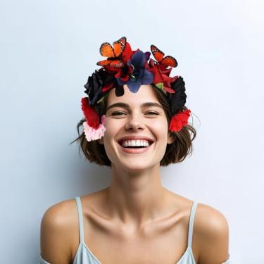 Imagem de hhdatc Mexican Flower Crown Day of the Dead Headpiece, Fiesta Rose Flower Headband for Easter, Mardi Gras, Cosplay, and Party Celebrations