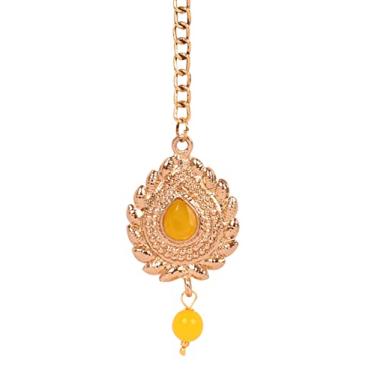 Imagem de Touchstone Acessório de casamento indiano Bollywood elegante e contemporâneo, acessório de mão para cabeça de mão, Kaleera Mangtika em tom dourado prateado para mulheres., Sem pedras preciosas,