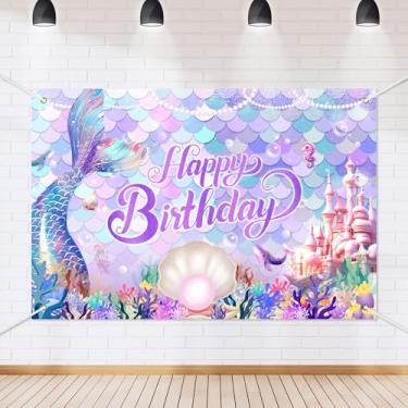 Imagem de Faixa de fundo de sereia feliz aniversário cauda de sereia escalas sob o mar tema decoração de fundo para princesas meninas lembrancinhas de festa de aniversário decorações suprimentos 182 x 109 cm-