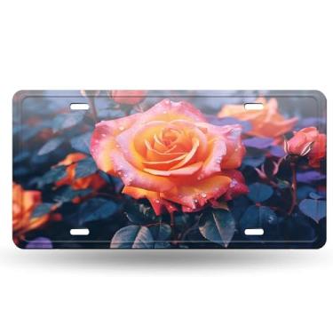 Imagem de Botão de rosa laranja flor folha roxa na imagem noturna capa de placa de licença - etiqueta de carro de alumínio artístico, à prova de ferrugem, design exclusivo novidade - 15 x 30 cm