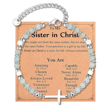 Imagem de Beljeley Pulseira de cruz da amizade cristã para mulheres, corrente de elos com contas - Presente inspirador perfeito para filha, sobrinha, irmã e amiga, One Size, Aço inoxidável, Sem Pedra Preciosa