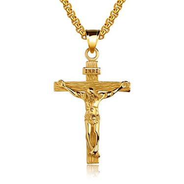 Imagem de jonline24h Colar com pingente de cruz crucifixo de Jesus de aço inoxidável para homens e mulheres prata ouro preto, Aço inoxidável, aço inoxidável