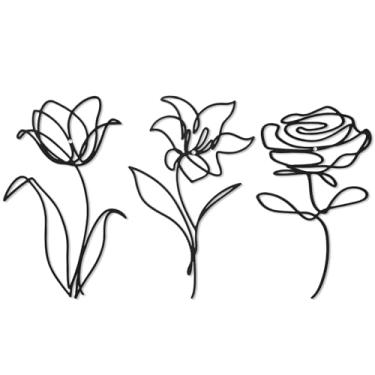 Imagem de Decoração de parede de flores de metal, 3 peças, vasos de ferro forjado de 25,4 cm, decoração de parede para sala de estar, arte de parede para quarto, grande e moderna, escultura de parede, preto