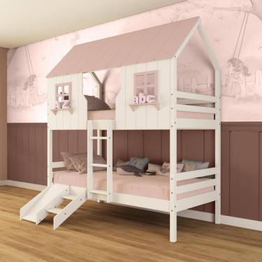 Imagem de Beliche Casinha Encantada com Kit Escada/ Escorregador Madeira Maciça Branco/ Rosa Megamobilia