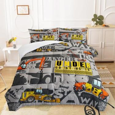 Imagem de QOOMO Conjunto de edredom infantil de construção, para meninos e meninas, tamanho Queen, cinza, caminhão, carros, decoração de quarto, escavadeira, trator, colcha com 1 edredom e 2 fronhas