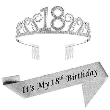 Imagem de Tiara de aniversário de 18 anos de prata e faixa com glitter, faixa de cetim e strass de cristal, coroa para festa de 18 anos, artigos de lembrancinhas, acessórios de festa de aniversário de 18 anos,