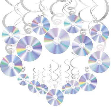 Imagem de OPUHOHR 16 peças CD dos anos 90 redemoinhos pendurados em discoteca, artigos de festa com tema de CD Music, decorações de festa penduradas, espirais suspensos no teto para festa de música, artigos de