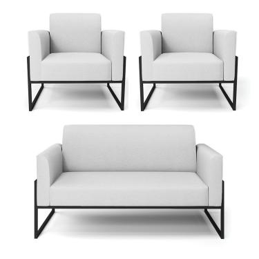 Imagem de Sofá Namoradeira Com 2 Poltronas Base Industrial Alta Preto Marisa Linho D03 - D\'rossi Cor A05 Cinza