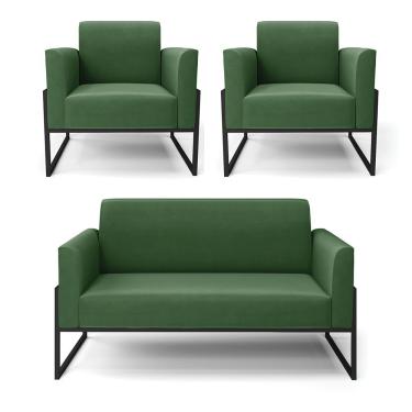 Imagem de Sofá Namoradeira Com 2 Poltronas Base Industrial Alta Preto Marisa Suede D03 - D\'rossi Cor Verde