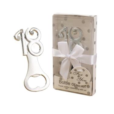 Imagem de 10 abridores de garrafa prata número 18 com caixas de presente para lembranças de festa de aniversário de 18 anos para convidados