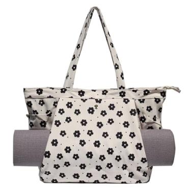 Imagem de ESVAN Bolsa de ioga para mulheres, bolsa de ombro com cordão para escritório, treino, viagem, transporte, pilates, academia e praia (flor preta de veludo cotelê)