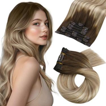 Imagem de Moresoo Balayage Clip In Hair Extensions Remy Trama Dupla Humana Ombre Castanho Claro Com Loiro Dourado 22 Polegadas 7 Peças 120G