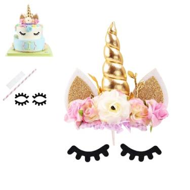 Imagem de Nishine Topo De Bolo Unicórnio Com Flores Rosas, Decoração Para Festa Aniversário (Dourado E Marfim)