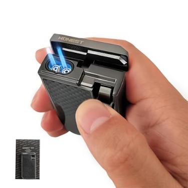 Imagem de Isqueiro de tocha de butano para homens, recarregável, duplo, azul, chama, grande janela de gás, caixa de presente visível (sem gás)