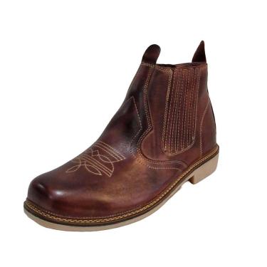 Imagem de Botina Em Couro Masculina Bordada Bico Quadrado Costura Manual Elastico Lateral Rodeio Peão
