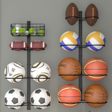 Imagem de Basquete destacável montado na parede de 8 níveis, suporte de futebol vertical/horizontal, suporte de futebol DIY1/2/3/4, suporte de bola multifuncional com altura ajustável com cesta para quarto, garagem, sala de ferramentas
