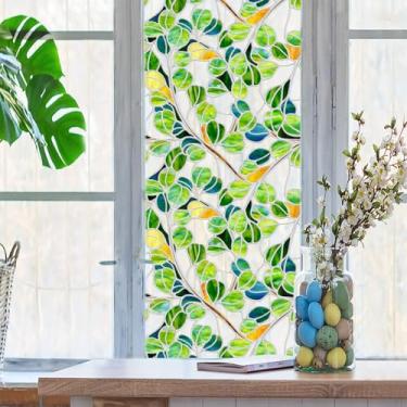 Imagem de Flortlias Película para janela de vitral com chumbo de prata sintética, translúcida dupla face original pintada à mão para janela e porta, folhas de eucalipto verdes 30 x 100 cm