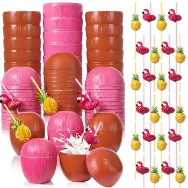 Imagem de CHENGU Conjunto de 48 peças de copos de coco inclui 24 copos de coco, 12 canudos de abacaxi, 12 canudos de flamingo, havaiano Luau Tiki e decorações de festa de verão na praia para adultos (rosa