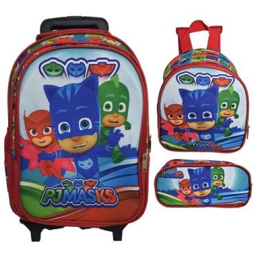 Imagem de Kit Mochila Escolar PJmasks Com Rodinhas, Lancheira e Estojo - Genéric