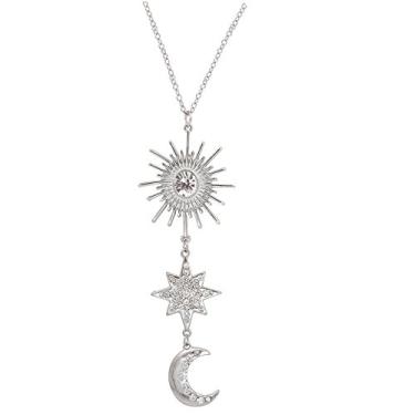 Imagem de LENOOCLE Colar feminino com pingente de lua e estrela de sol boho strass cristal longo corrente joia moda fantasia presente de festa, Metal