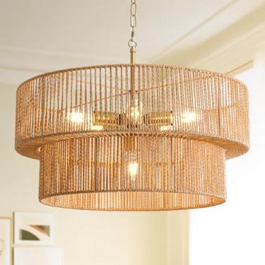 Imagem de SupMaka Lustre Boho De Rattan Com 6 Lâmpadas, Luminária Pendente De Rattan De 60 Cm Com Cúpula De 2 Níveis Tecida À Mão, Luminária De Teto Estilo Fazenda Para Sala De Jantar, Sala De Estar, Quarto,