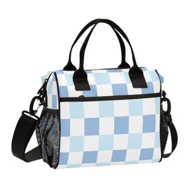 Imagem de Boccsty Lancheira azul quadriculada branca infantil reutilizável meninos meninas bolsa térmica feminina masculina bolsa organizadora de refeições para escola, escritório, piquenique, P