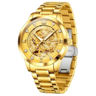 Imagem de OLEVS Relógio masculino de luxo automático mecânico azul/preto/branco/cinza com diamantes turbilhão à prova d'água relógio de pulso executivo, 7027: ouro