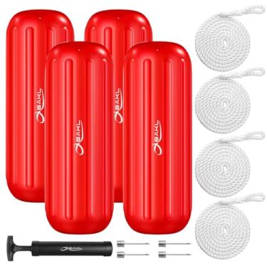 Imagem de OBAKL Pacote com 4 para-lamas para barco, 25 x 71 cm, com furo central canelado, para-lamas para ancoragem, vem com cordas e bomba para inflar (vermelho)