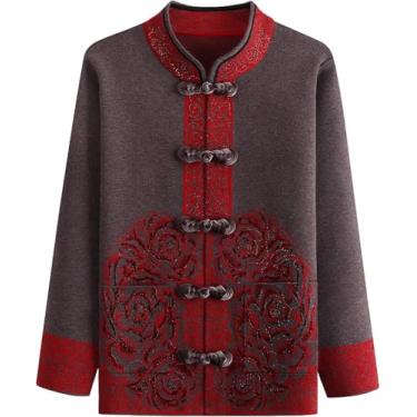 Imagem de Mãe Idosa De Meia-idade Cardigan Suéter De Malha Feminina Outerwear Retro Single Breasted Outono Inverno Camisola Jaqueta Estilo Chinês Solto Quente Vovó Cardigan De Malha, Brown, XXL