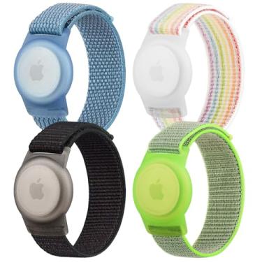 Imagem de Pacote com 4 pulseiras de nylon para crianças, airtag de nylon macio para Apple AirTag, pulseira ajustável antiperda para bebês, meninos e meninas, idosos (preto/azul/verde/arco-íris)