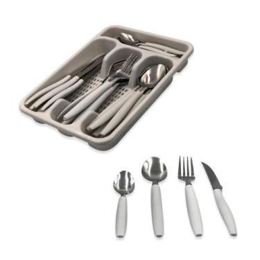 Imagem de Conjunto de Talheres Inox, 25 Peças, Cinza, com Porta Talher, 6 Facas 22cm, 6 Garfos 20cm, 6 Colheres Mesa 20cm, 6 Colheres Chá 15cm