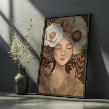 Imagem de Quadro Decorativo Menina Flor Com Moldura - Arte Feminina Floral Delicada Criança Flores Decoração Quarto Sala Infantil Nuances