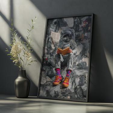 Imagem de Quadro Decorativo Astronauta Leitor Com Moldura Espaço Livros Geek Decoração Nerd Infantil Juvenil Moderno Quarto Sala Criativo