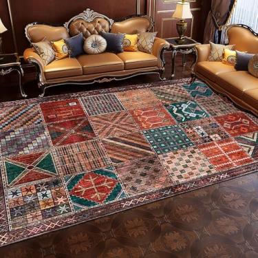 Imagem de Tapete De Sala De Estar Moderno Design Retangular Tapete Para Quarto Mesa De Café De Cabeceira Sofá Fácil De Limpar Quadrados Geométricos Patchwork Vermelho-marrom Escuro, 180 x 200 cm