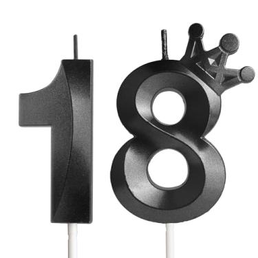 Imagem de Velas de aniversário de 18 anos para bolo, número 18 velas pretas com coroa, design 3D, enfeite de bolo de aniversário para meninos e meninas, festa de aniversário, casamento, celebração, suprimentos