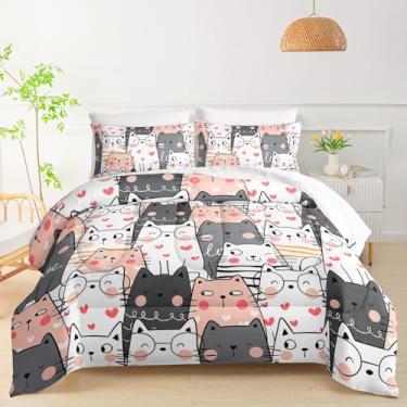 Imagem de QOOMO Conjunto de edredom de desenho animado de gato, 7 peças, estampa de animais, tamanho Queen, com 2 fronhas brancas, 2 fronhas de gato