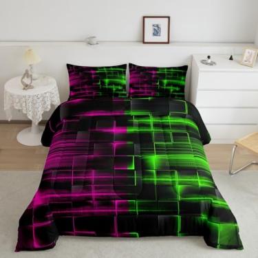 Imagem de Feelyou Conjunto de edredom geométrico infantil verde e rosed, geométrico, para meninos, arte abstrata, conjunto de edredom para decoração de quarto