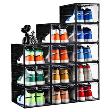 Imagem de Pacote com 12 organizadores empilháveis de armazenamento de sapatos com porta magnética, caixas de sapatos de plástico preto transparente para armário, sapateira para contêiner de botas de tênis