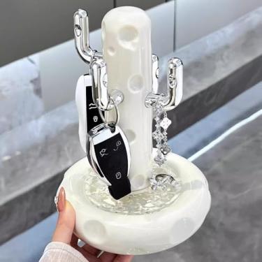 Imagem de ZenithPrime Suporte de anel de cacto de cerâmica com prato decorativo para joias, prato de joias giratório, presentes de aniversário de Natal para mulheres (branco)