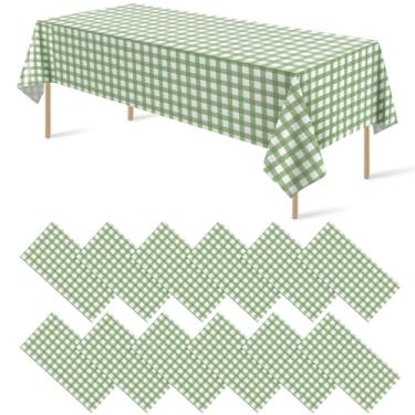 Imagem de Pacote com 12 toalhas de mesa xadrez de plástico verde sálvia premium decorativas descartáveis verde guingão xadrez para festas, capa de mesa retangular para piquenique, aniversário, casamento, 137 x