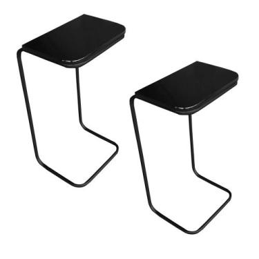 Imagem de Kit 02 Mesas Lateral Tampo Preto Multiuso para Sofá Base Metálica J01 