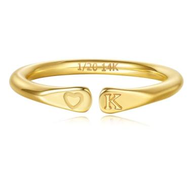 Imagem de YIKOXI Anéis femininos preenchidos a ouro 14 k com inicial esculpida à mão e não mancham alianças em formato de coração para mulheres, Aço inoxidável, Sem pedra preciosa