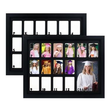 Imagem de FramePro Porta-retrato escolar pré-escolar para colagem de fotos de formatura pré-escolar para 12 anos, moldura preta com tapete, exibe uma foto de 12 x 18 cm e 14 imagens de 7,6 cm, lembranças de