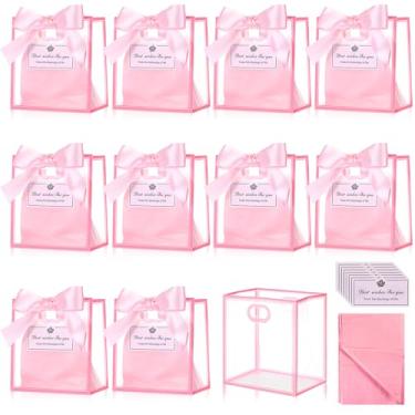 Imagem de Tenare Pacote com 12 sacos de presente de plástico transparente com alças reutilizáveis sacos de lembrancinha de festa com laço de fita de papel de seda para brindes, aniversário, casamento, noiva
