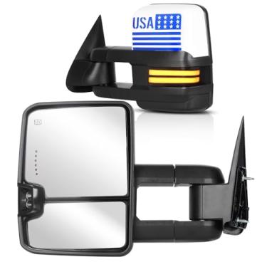 Imagem de Espelhos de reboque para Chevy GMC Silverado Sierra 1500 2014-18, 2500 3500 HD 2015 2016 2017 2018 elétrico aquecido com sequencia seta seta luz de corrida dobrável telescópica (1 par)