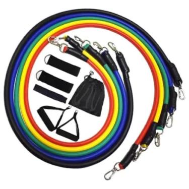 Imagem de Kit Extensor Elástico de Resistência com 11 Peças para Treino Funcional, Musculação e Pilates – Alças, Tornozeleiras e Âncora para Porta